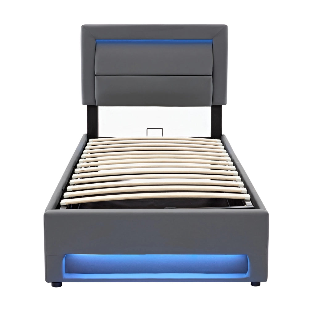 Letto imbottito con USB; LED e contenitore; per materasso 90x190 cm; PU grigio