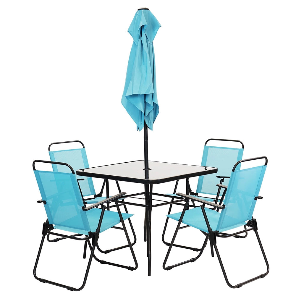 Set da Pranzo 6 Pezzi per Giardino con Ombrellone e 4 Sedie Pieghevoli Celeste
