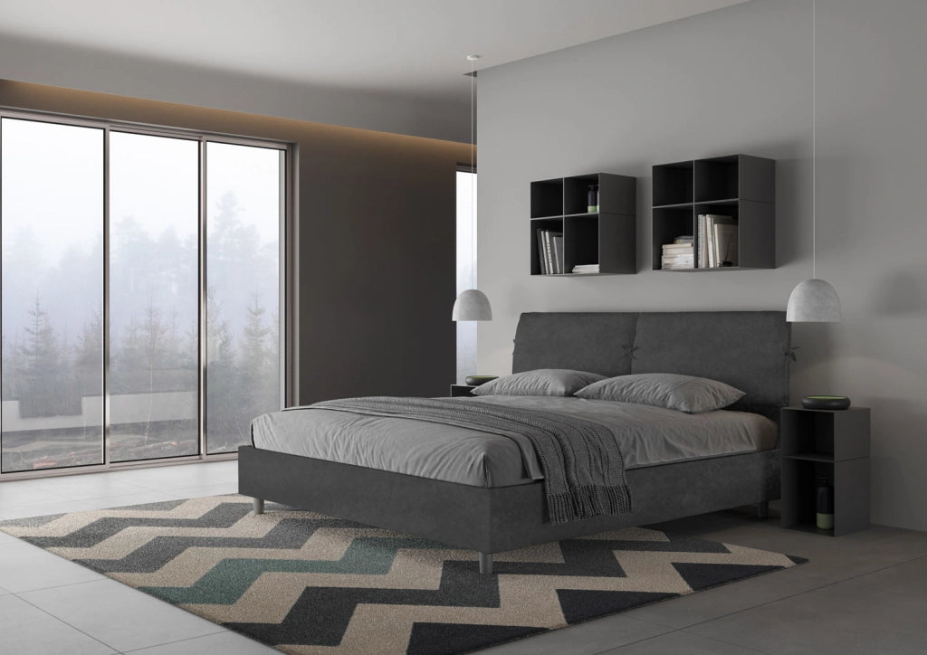 BS COM Letto matrimoniale king size senza rete imbottito 180x190 microfibra grigio