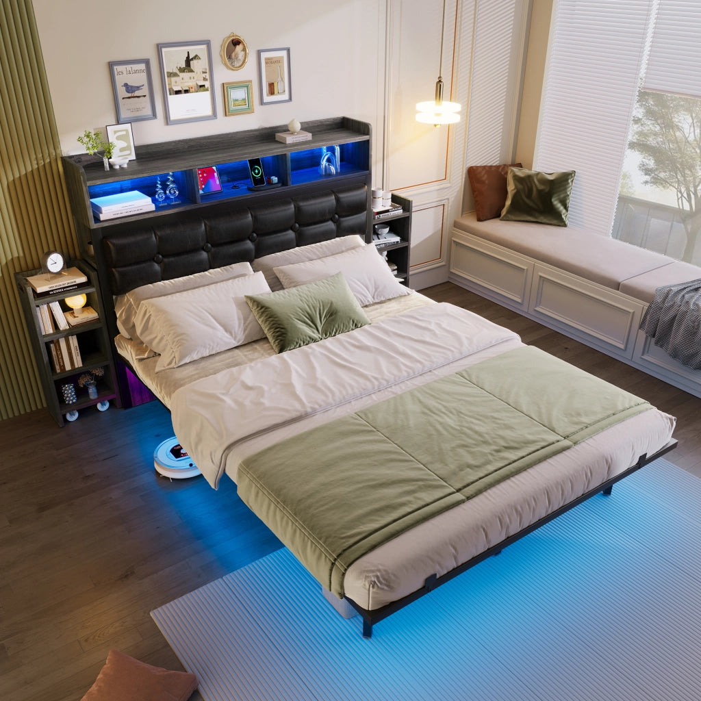 Letto matrimoniale 140x190 grigio con doghe 2 comodini estraibili USB/Type-C LED