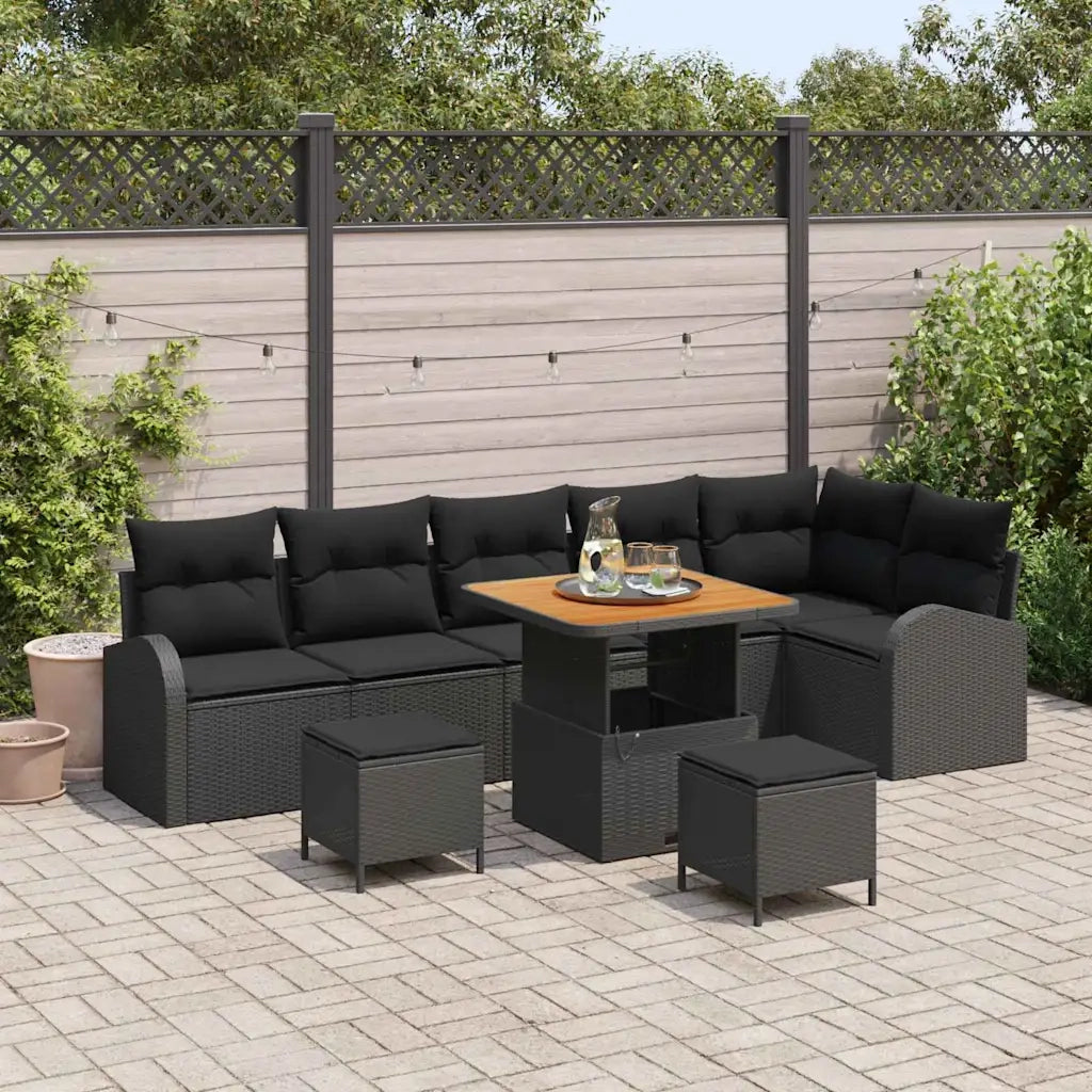 Set Divano da Giardino con cuscino 9 pcs Nero polyrattan