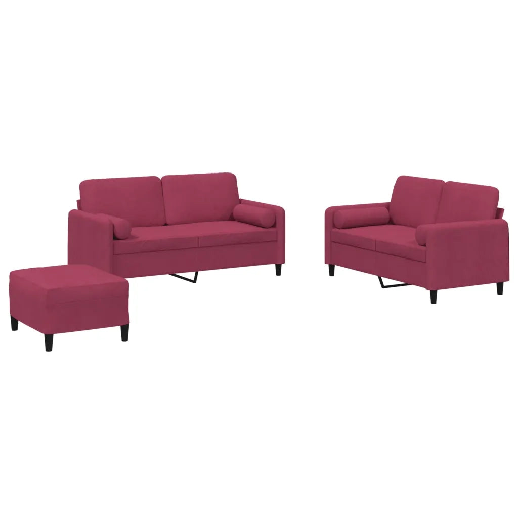 Set di Divani 3 pz con Cuscini Rosso Vino in Velluto
