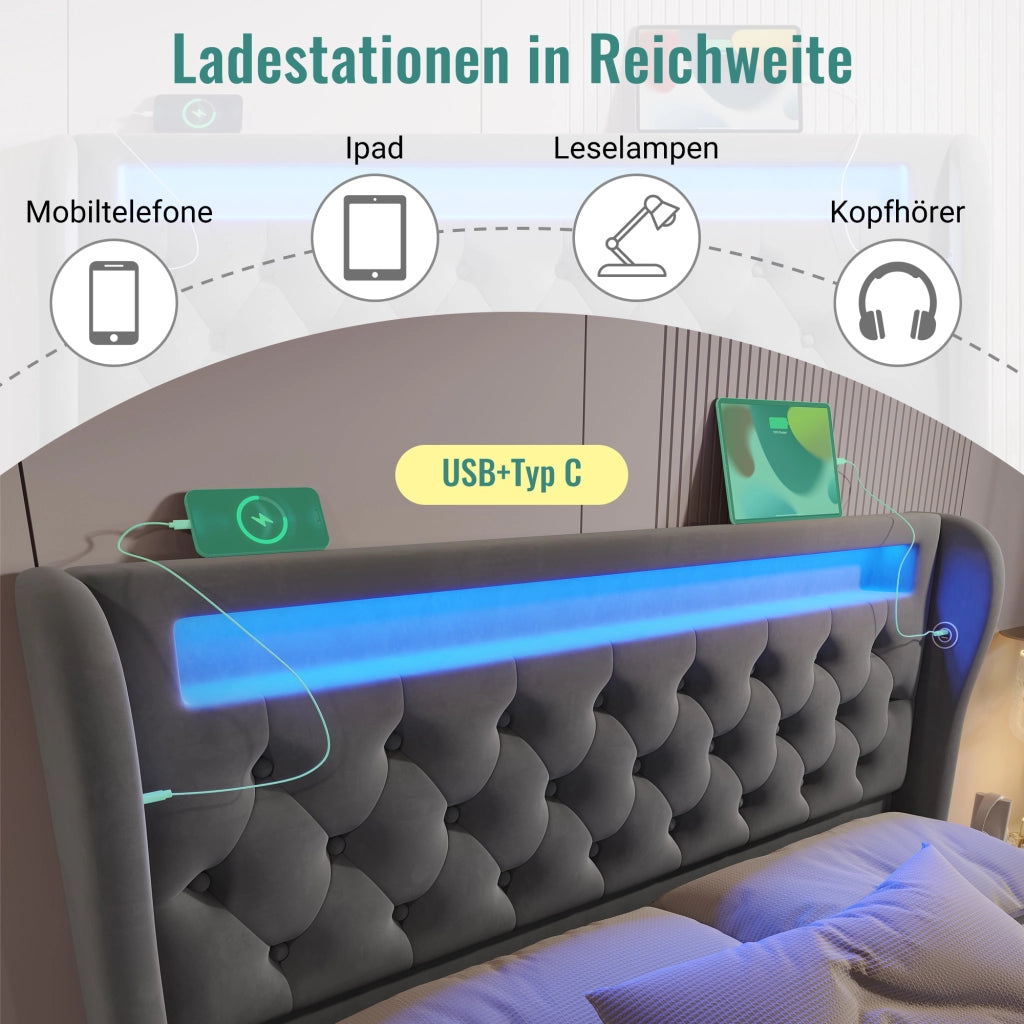 LETTO imbottito 140x190 cm in velluto grigio con LED, USB e Type C