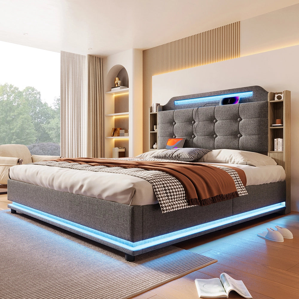 Letto-Xylo-140x200 cm-LED, USB-C, scomparti, lino grigio