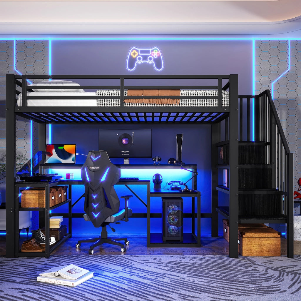 LETTO A SOPPALCO 90x200 cm Metallo e MDF Nero con scrivania USB