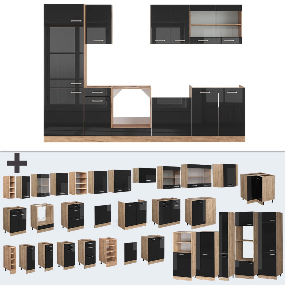 Vicco Cucina componibile Rovere nero/oro lucido 300 cm , PL Marmo