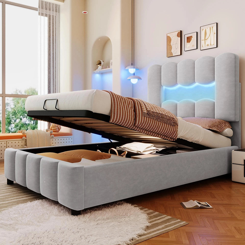 Letto 90x200cm?- Xylo - idraulico LED velluto grigio