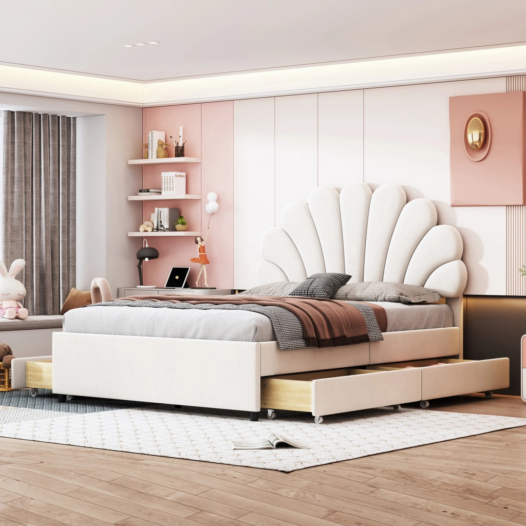 LETTO Imbottito 140x200 cm Beige con 4 cassetti e testiera floreale