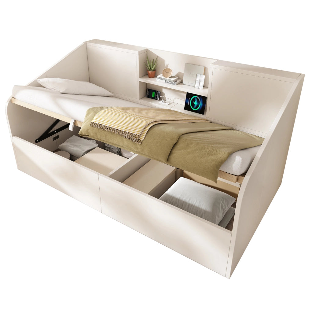 Letto 90x190 cm con contenitore idraulico e stazione di ricarica in legno bianco