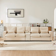 Sofa moderno 4 posti - Zephmum- Tessuto lino con console, porta bevande, USB, tasche braccioli