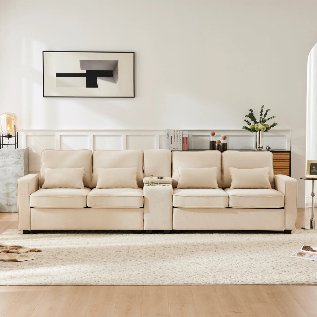 Sofa moderno 4 posti - Zephmum- Tessuto lino con console, porta bevande, USB, tasche braccioli