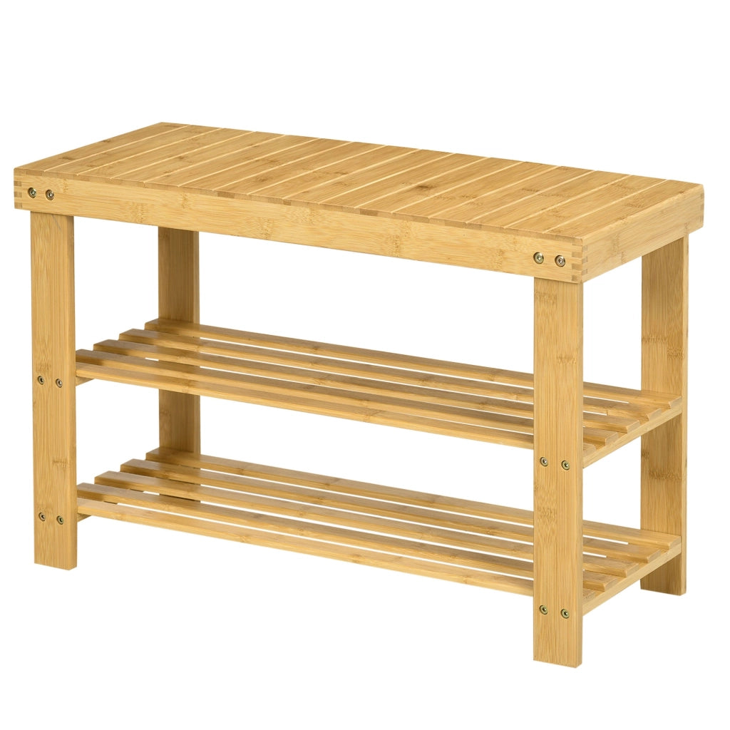 Panca Scarpiera 70x28x45 cm con 2 Ripiani a Doghe e Seduta in Bambù