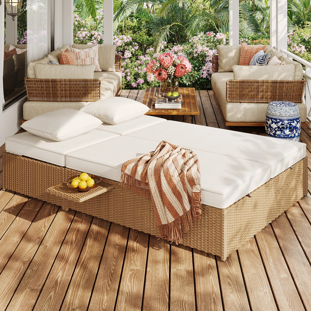 Chaise longue de jardin ext¨¦rieure double lit chaise longue en rotin ext¨¦rieure canap¨¦ en rotin pouvant servir de mobilier de jardin d¡¯ext¨¦rieur adapt¨¦ aux salons balcons et jardins r¨¦sistant aux intemp¨¦ries pliable avec coussins blanc