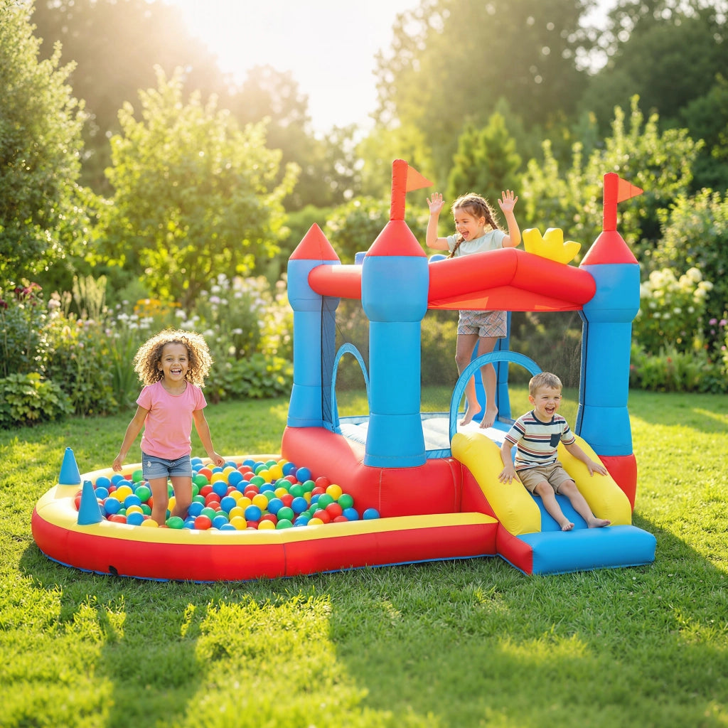 Castello gonfiabile con scivolo, trampolino e piscina ¨C zephmum ¨C 342x255x209 cm blu