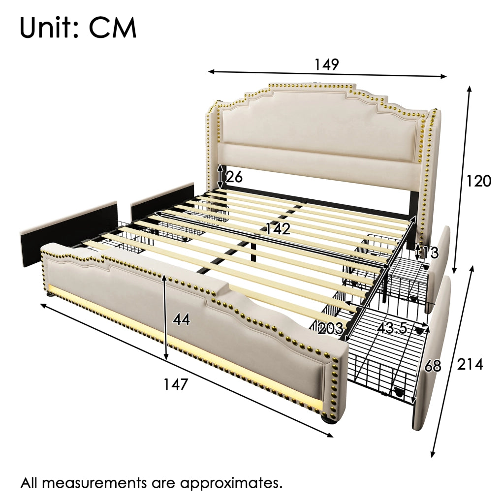 Letto imbottito 140x200 - Zephmum - 4 cassetti, LED, USB-C, velluto, beige