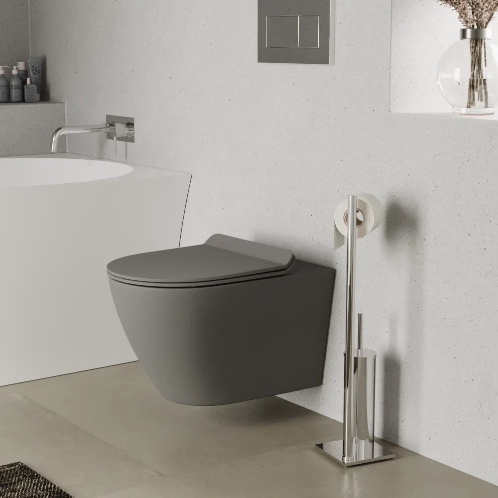 Vaso sospeso rimless in ceramica grigio opaco con copri-wc soft-close | Sydney