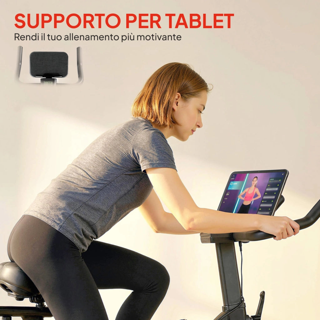 Cyclette Magnetica Regolabile con Display LCD e Supporto per Tablet, in Acciaio e ABS, 103x49x98-112 cm, Nero