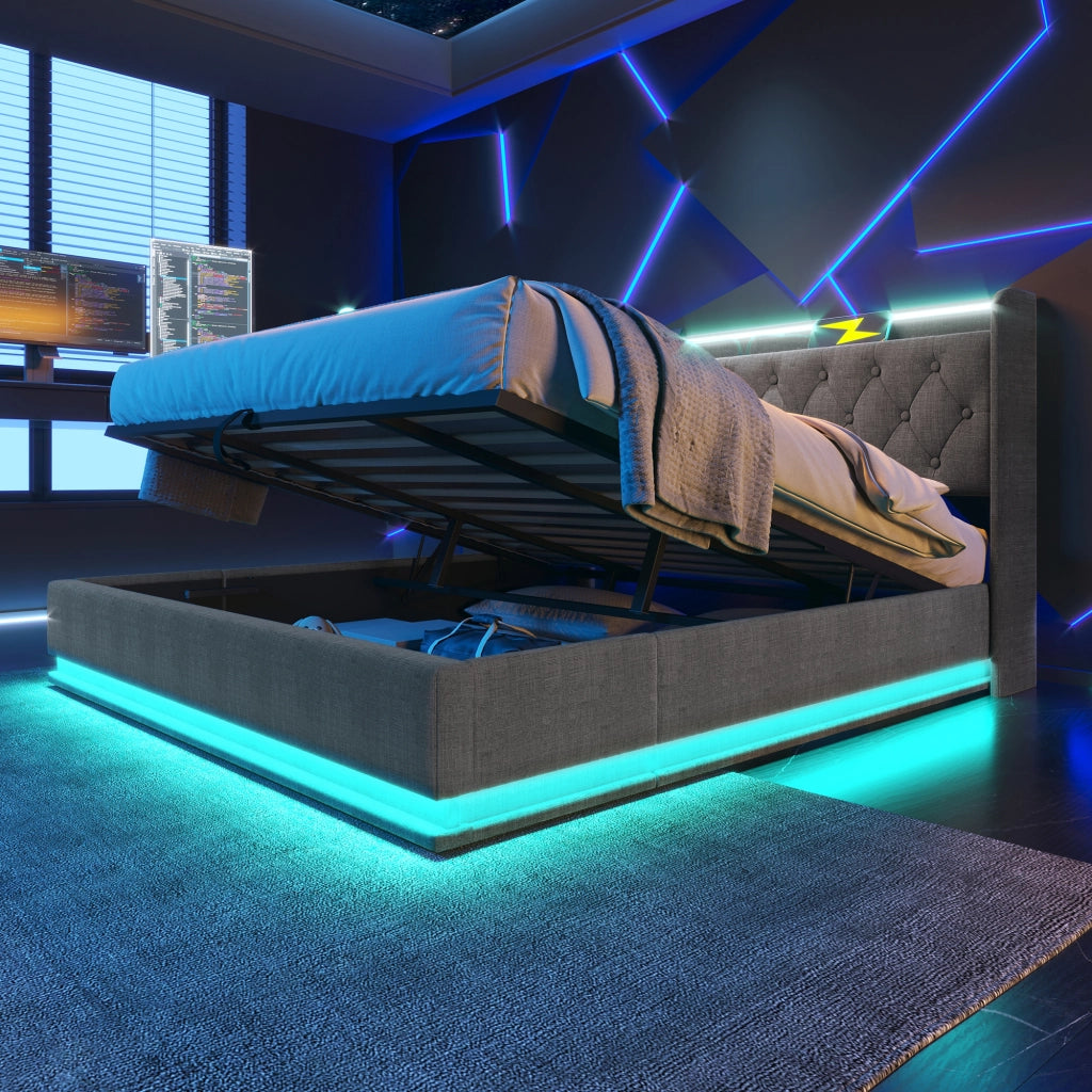 LETTO Contenitore 180x200 cm in lino grigio con LED, USB e Tipo C