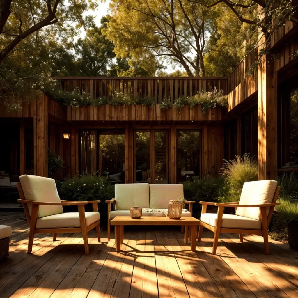 Salotto da giardino ALBORA 4 posti in alluminio effetto legno con cuscini beige e tavolino basso