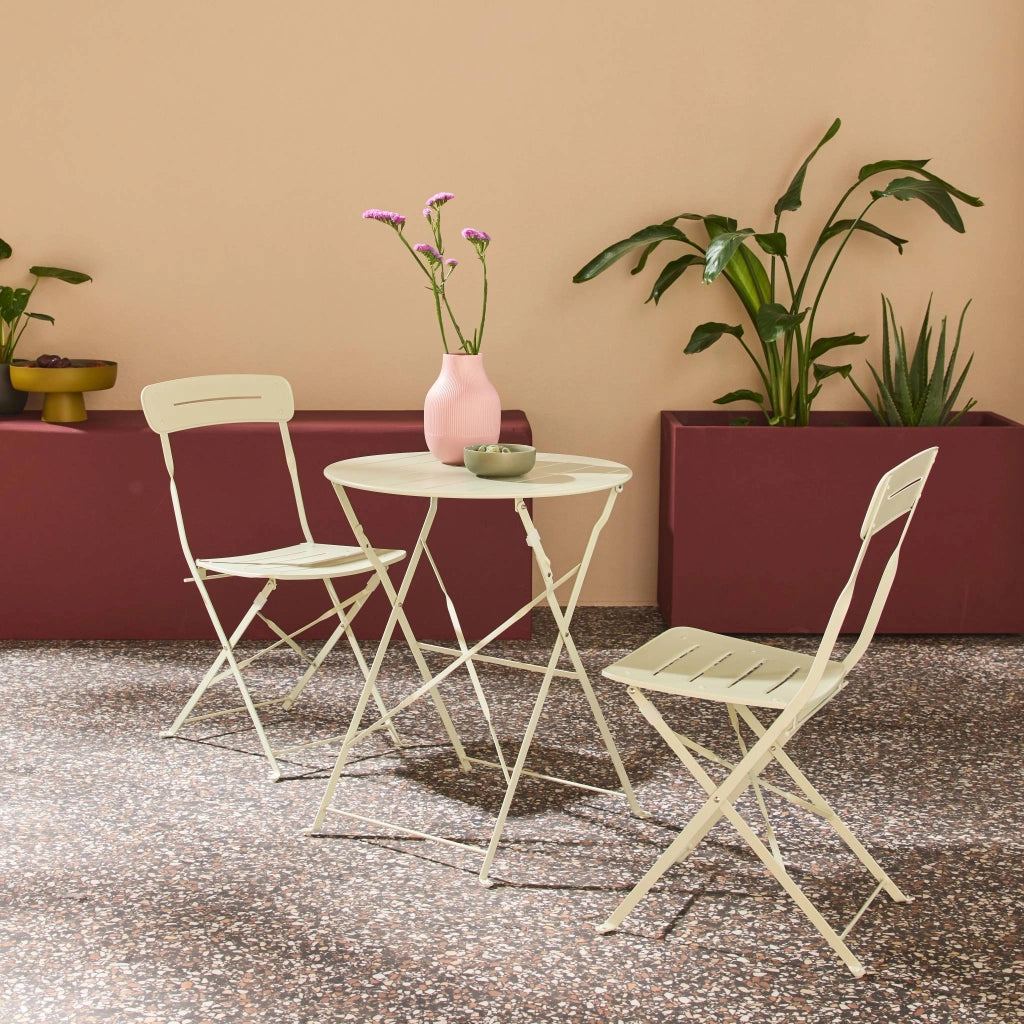 Set tavolo da giardino bistrot pieghevole rotondo in acciaio, 2 sedie,