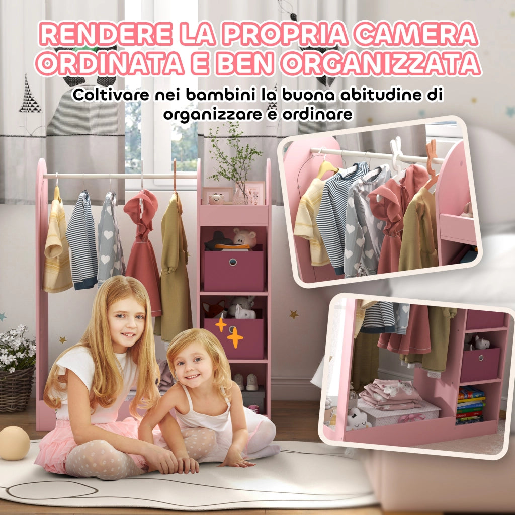Armadio Bambini con Ante, Ripiani, Scatole e Specchio ¨C zephmum ¨C Legno, Rosa