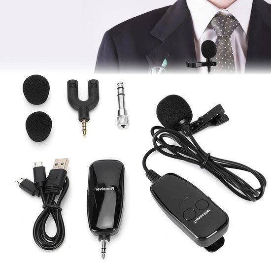 Microfono a Clip per Microfono Lavalier con Amplificatore di Segnale, Trasmettitore e Ricevitore UHF.