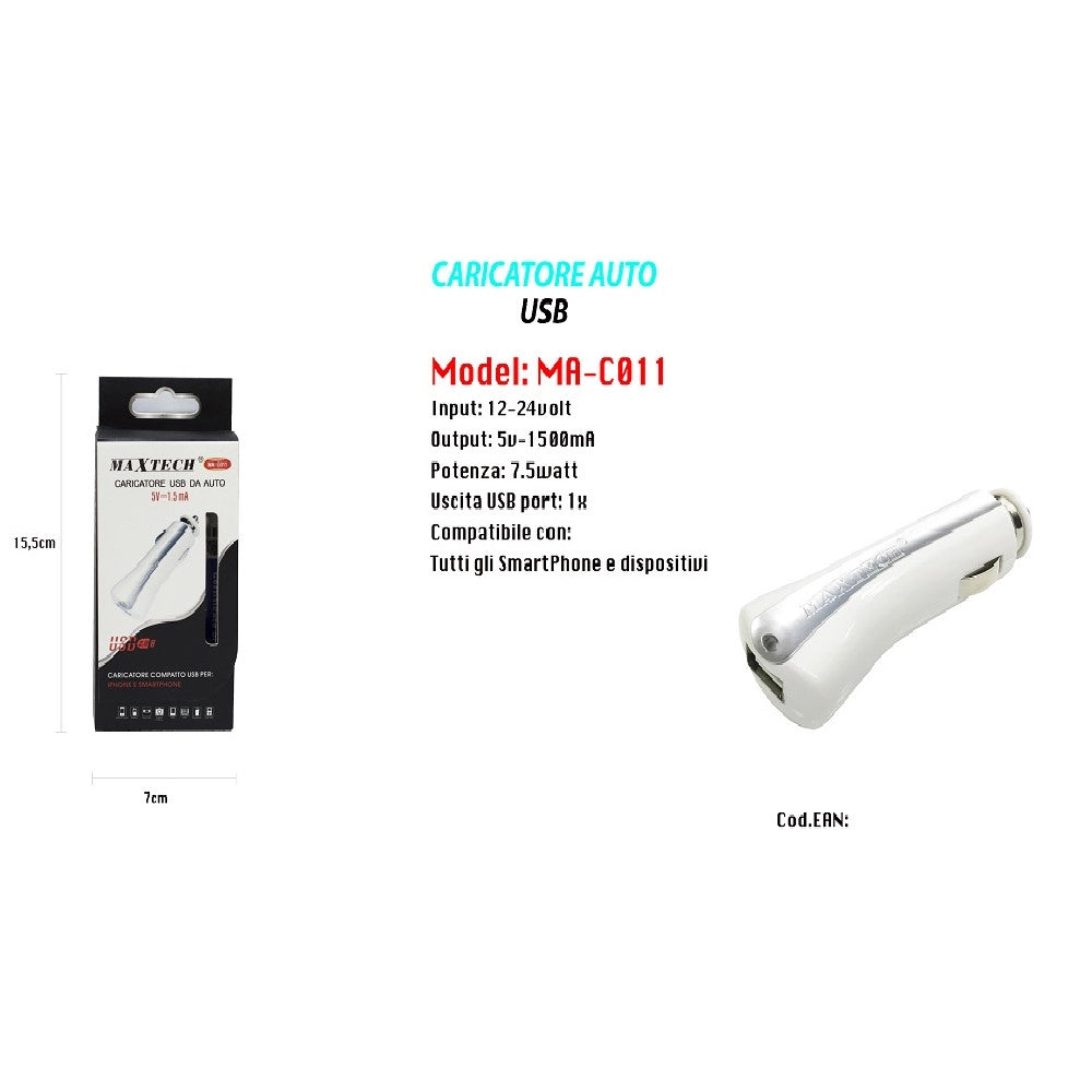Trade Shop - Caricatore Per Auto Universale Usb Smartphone Accendisigari 5v-1500ma Maxtech Ma-c011 -