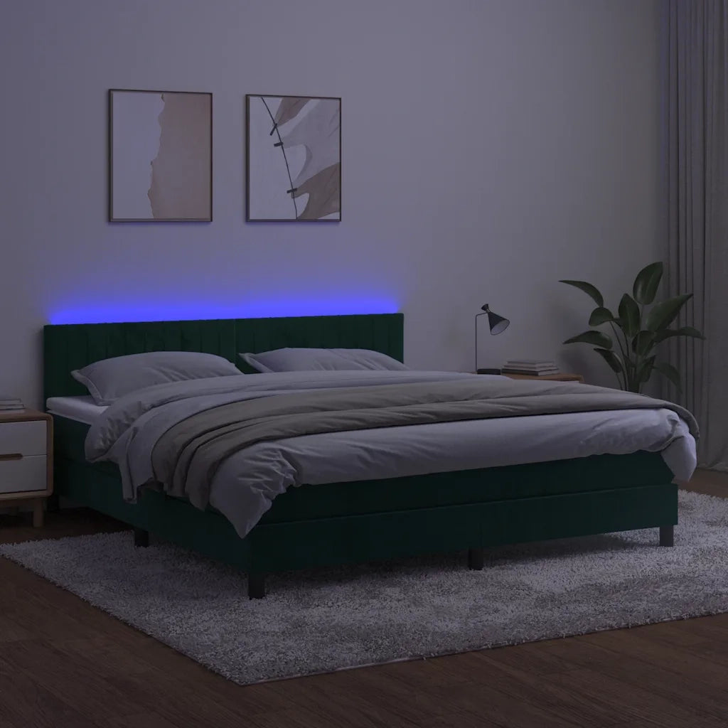 Letto a Molle con Materasso e LED Verde Scuro 160x200cm Velluto 3134534