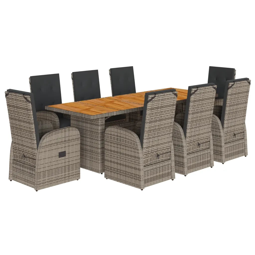 Set da Pranzo da Giardino 9 pz con Cuscini in Polyrattan Grigio