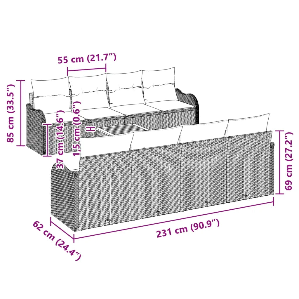 Set Divano da Giardino 9 pz Grigio polyrattan 3347430
