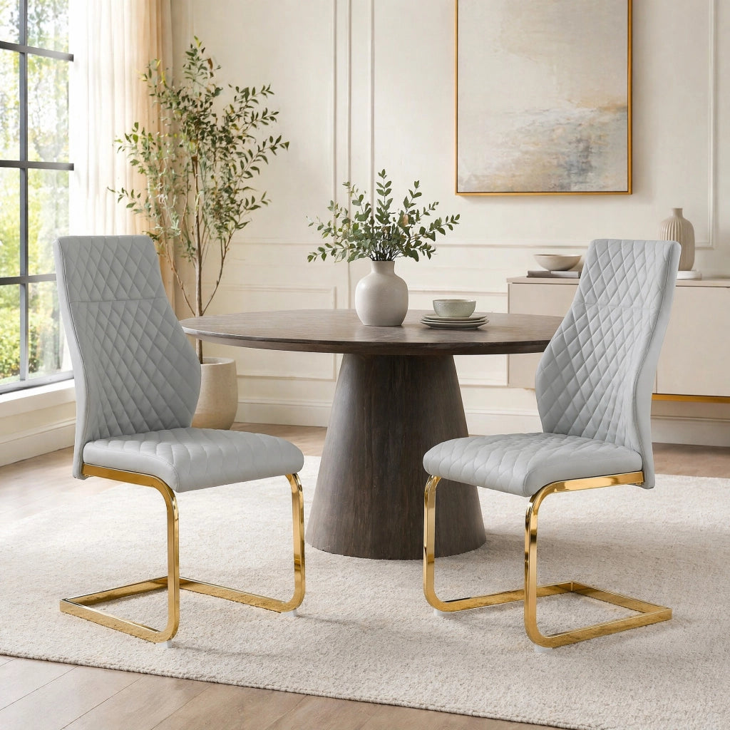 Sedia da Pranzo Set da 2 con Schienale Alto Ergonomico e Piedini Antiscivolo in Metallo e PU Grigio Chiaro Oro