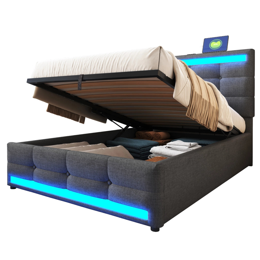 Letto Singolo Contenitore Imbottito con LED e USB ¨C MINIMAL ¨C 90x200, Grigio