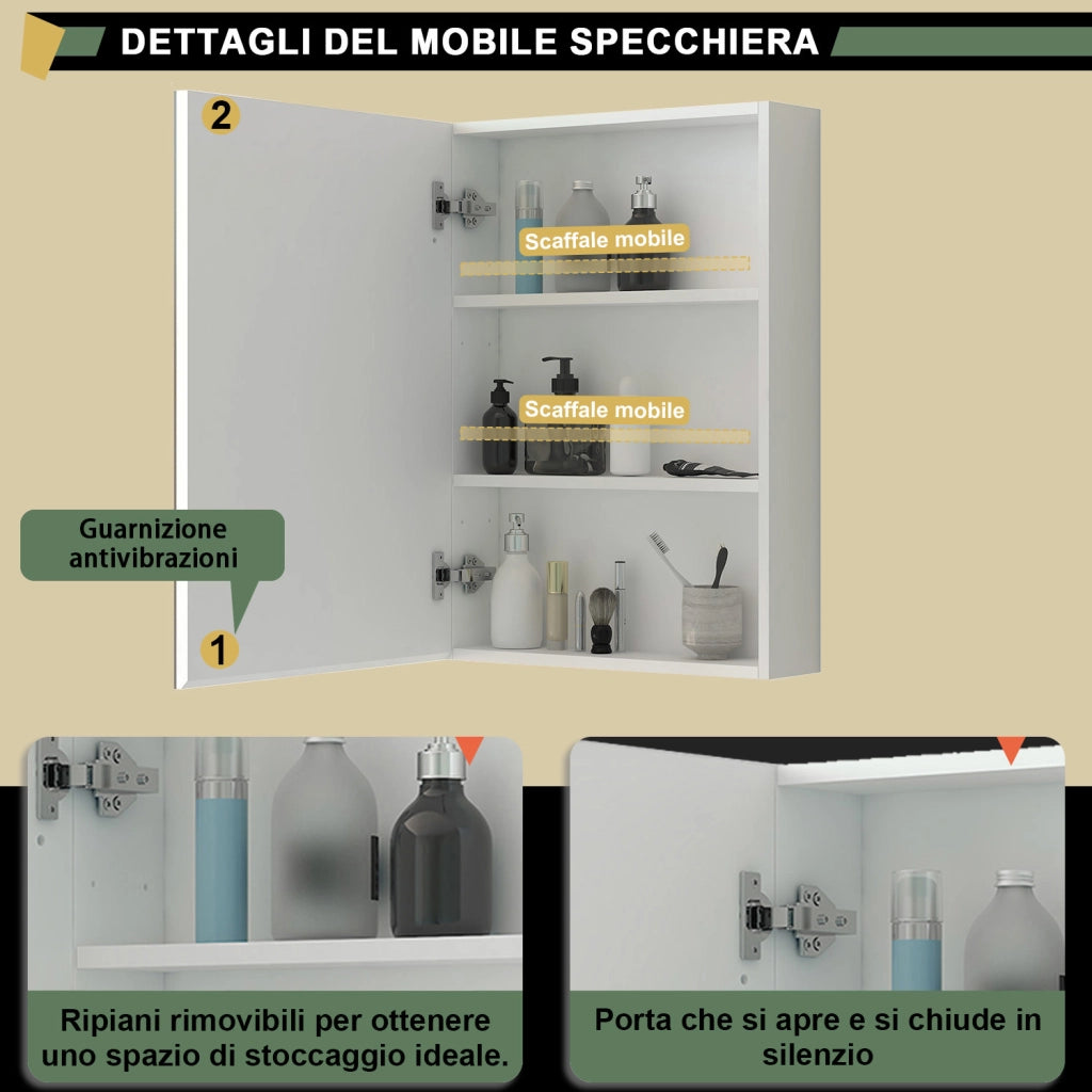 Armadietto a muro da Bagno con Specchio 50x70 cm, Bianco