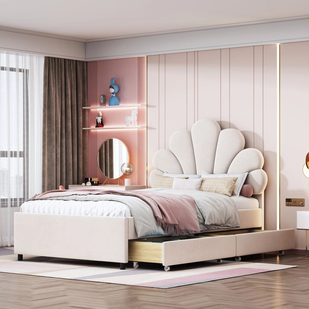 LETTO Imbottito 90x200 cm Beige con 2 cassetti