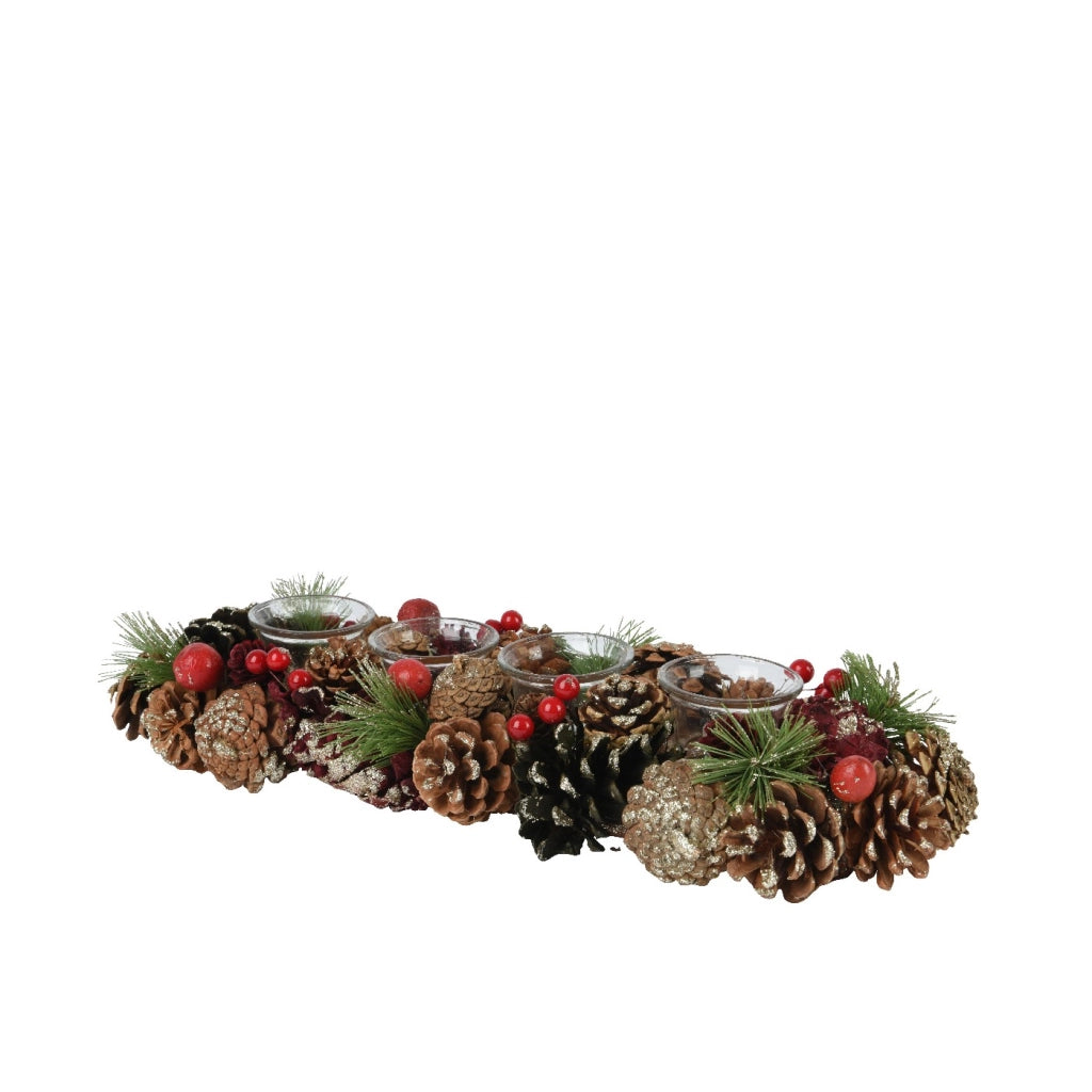 Portacandele c/pigne e bacche 15x45x9cm