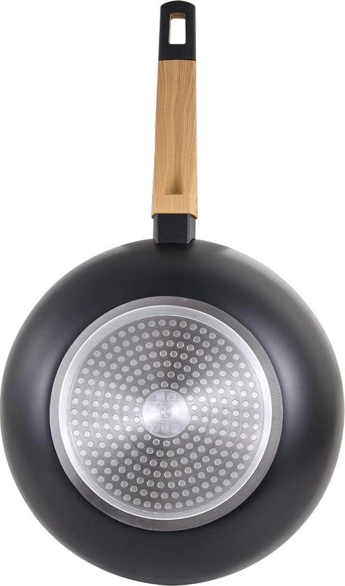 Pentola wok 28 cm con manico in alluminio e coperchio in look legno Line Earth Nero in acciaio inossidabile con induzione