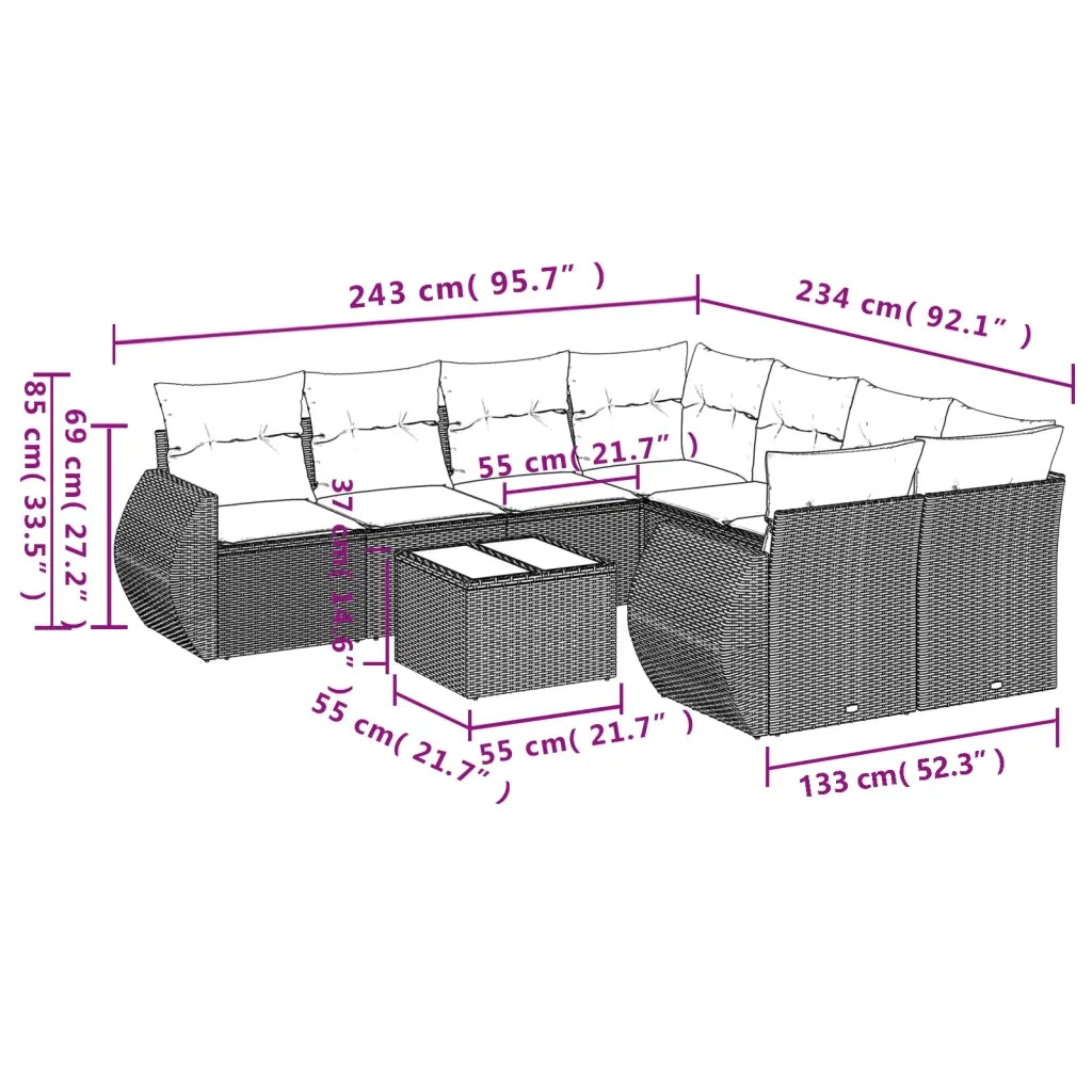 Set Divano da Giardino 9pz con Cuscini Grigio Chiaro Polyrattan 3221161