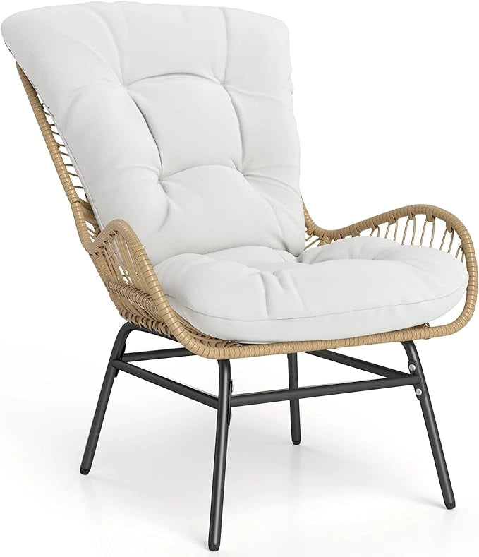 Sedia Relax da Giardino, Sedia in Rattan con Cuscino Morbido e Telaio di Supporto in Metallo, Portata 180 kg, Poltrona Ergonomica per Giardino, Veranda, Balcone e Soggiorno