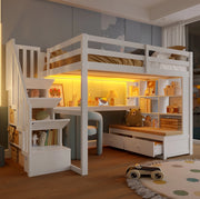 Letto a castello 140x200 cm con scrivania; scaffali; cassetti e scale contenitore; bianco