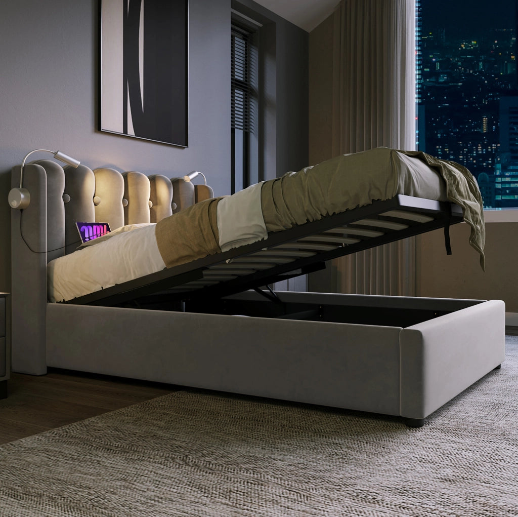Letto singolo in velluto grigio con luce da lettura, USB e contenitore