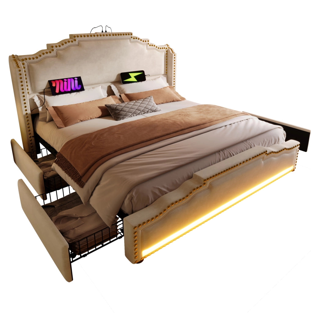 Letto matrimoniale 160x200 in velluto con LED, USB-C e 4 cassetti