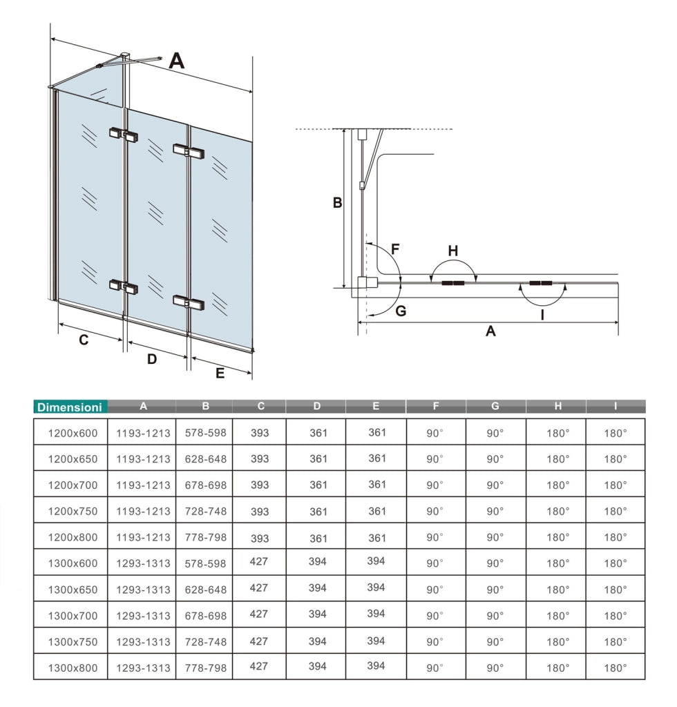 H.140 cm Parete Doccia Per Vasca con Lato Fisso 130x60 cm 3 Ante Movibili Pieghevoli a Libro in Vetro Temperato 6 mm Trasparente Anticalcare Telaio Cromo Lucido