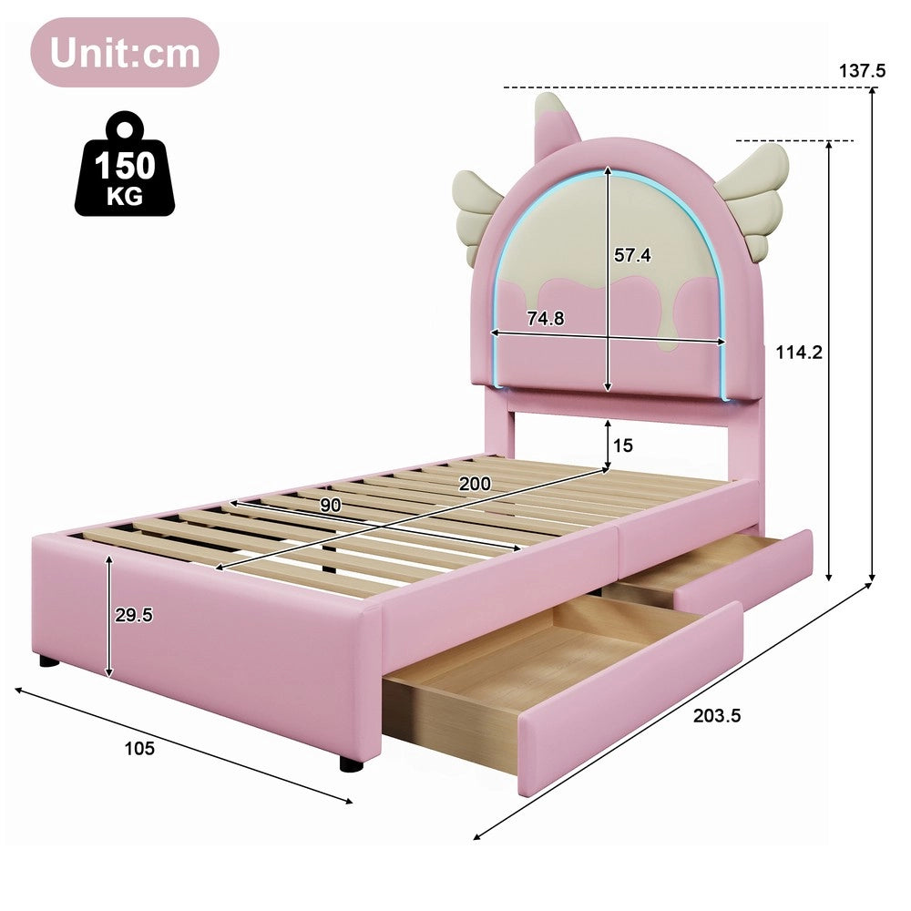 Letto Imbottito Singolo con Cassetti e LED ¨C MINIMAL ¨C Rosa, PU, 90x200