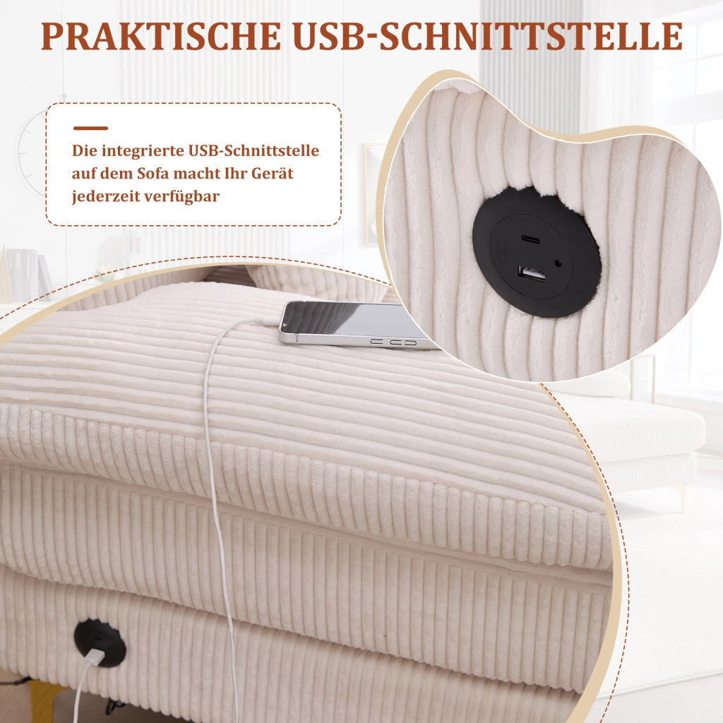 Divano ad U con LED e Porta USB-C ¨C MINIMAL ¨C Beige, Legno Massello, 4 Cuscini