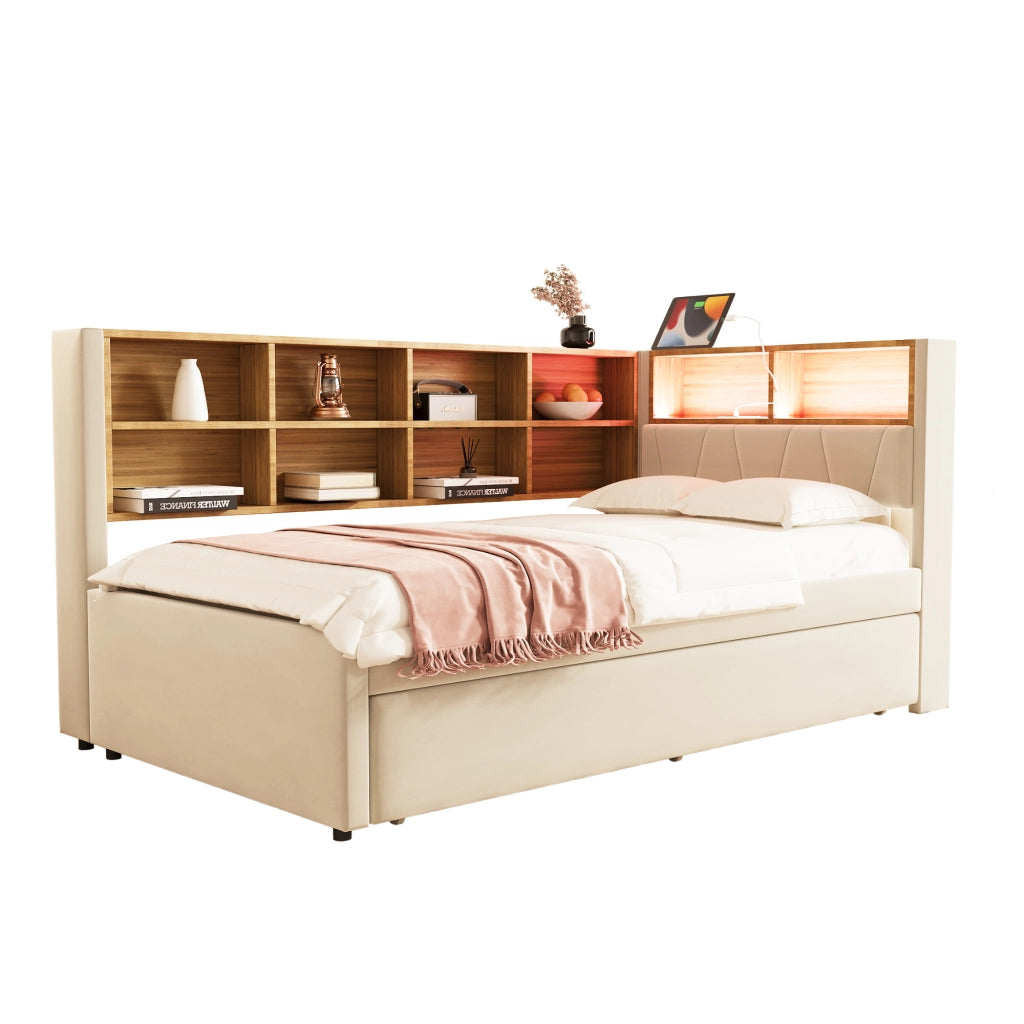 Divano letto 90x200 - Zephmum - LED, prese, ripiani, flanella beige