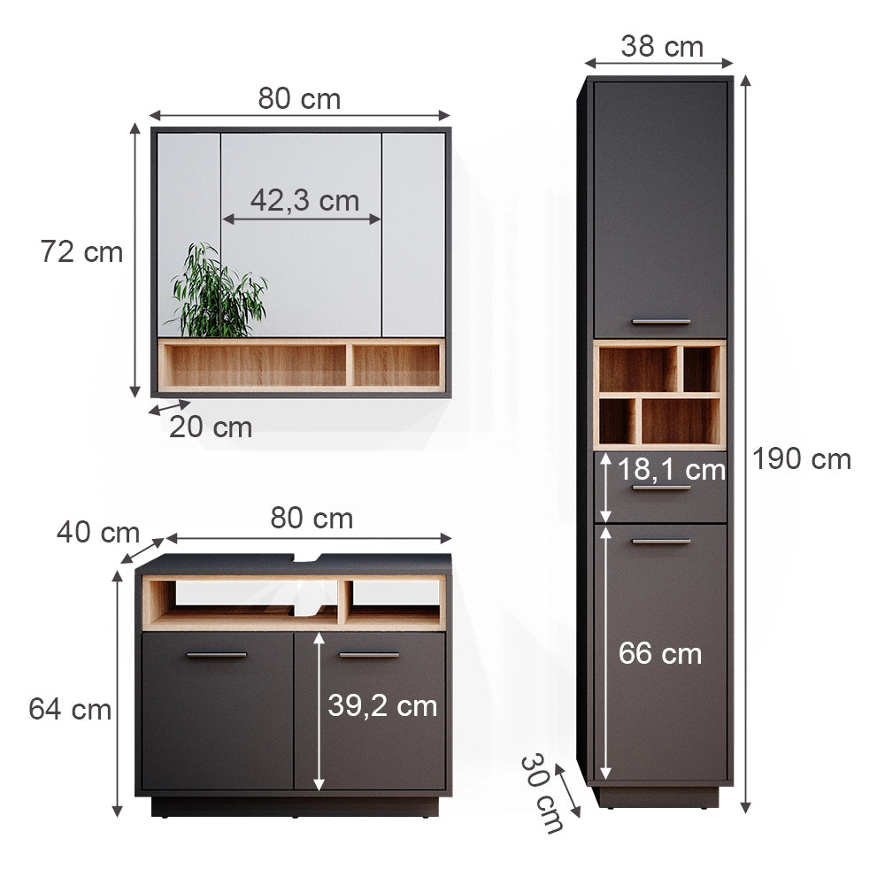 Vicco Set mobili bagno Antracite 3 parti, con colonna