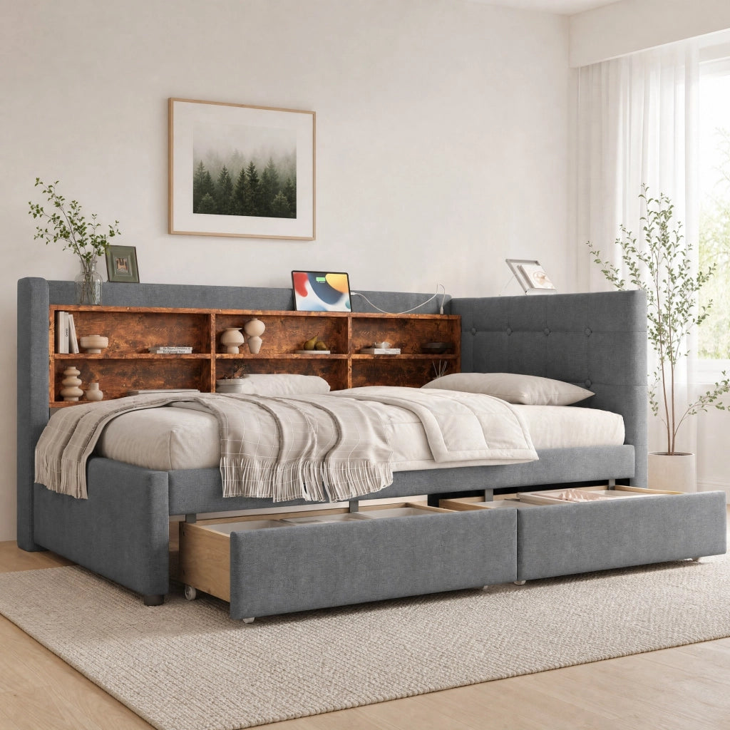 Letto singolo 90x200 cm con 2 cassetti, USB e USB-C, rete a doghe, grigio