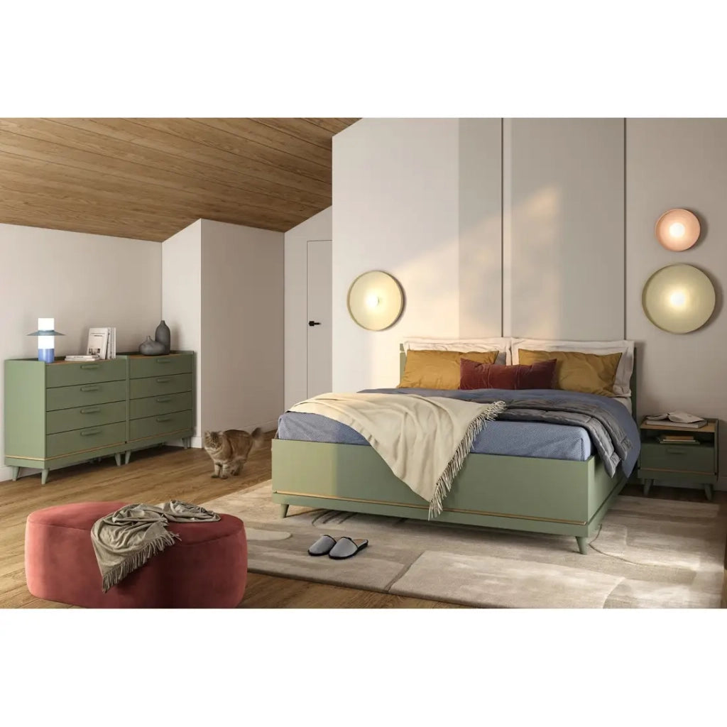 Letto contenitore NOKI – 160x200 cm verde e legno – Stile scandinavo
