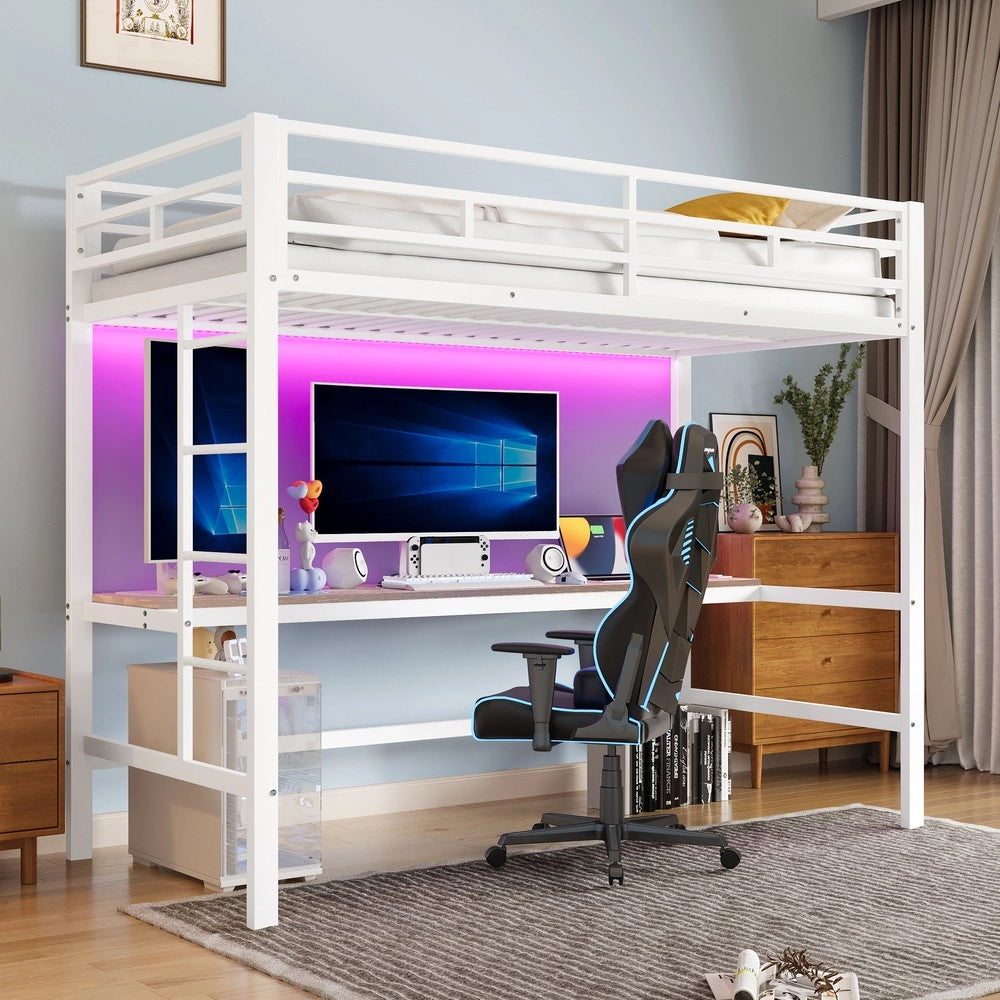 Letto a Soppalco con LED, USB e Luce App ¨C MINIMAL ¨C Metallo Bianco 90x200