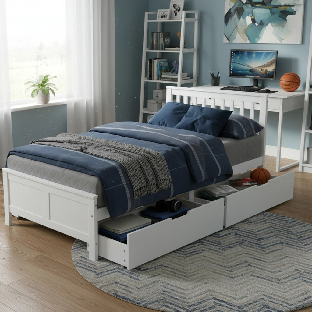 LETTO Singolo 90x200 cm con cassetti contenitori Bianco